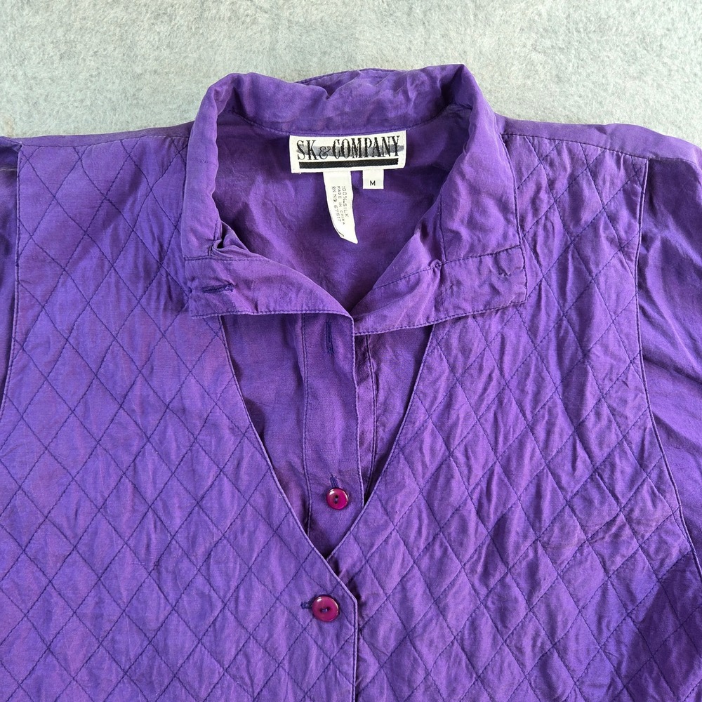 SK&Company Silk Button Down Women Medium Purple Quilted Vest Overlay Vintage